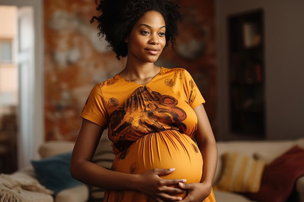 Closeup portrait of a stunning pregnant black mother cradling her belly at home