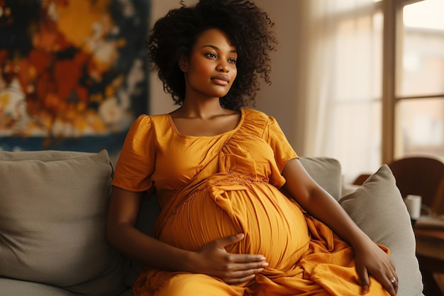 Closeup portrait of a stunning pregnant black mother cradling her belly at home