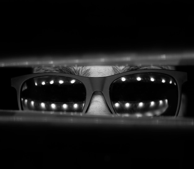 closeup portrait stylish man in neon sunglasses