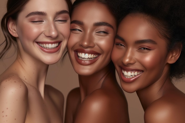Closeup portrait of three diverse joyful women with radiant smiles showcasing friendship and diver