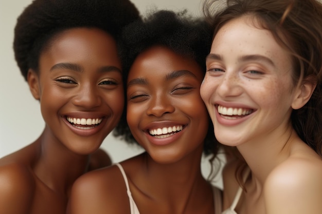 Closeup portrait of three diverse joyful women with radiant smiles showcasing friendship and diver