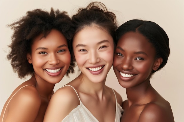 Closeup portrait of three diverse joyful women with radiant smiles showcasing friendship and diver