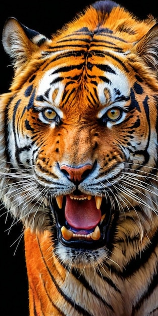 Closeup portrait of a tiger on a black background in the wild