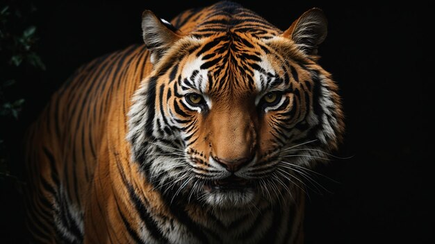 Photo closeup portrait of a tiger isolated on black background generative ai
