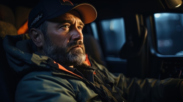 Closeup portrait of a truck driver man in cap driving a car in the night