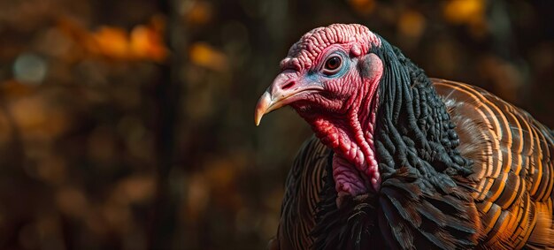 Closeup portrait of a turkey thanksgiving day banner idea selective focus AI generated