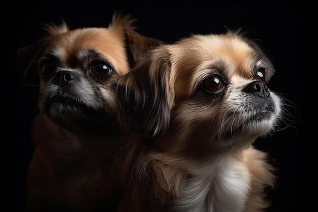 Closeup portrait of two cute little dogs isolated on a dark background