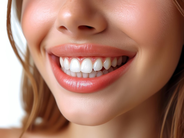 Photo closeup portrait of a very beautiful girl with beautiful teeth and perfect smile