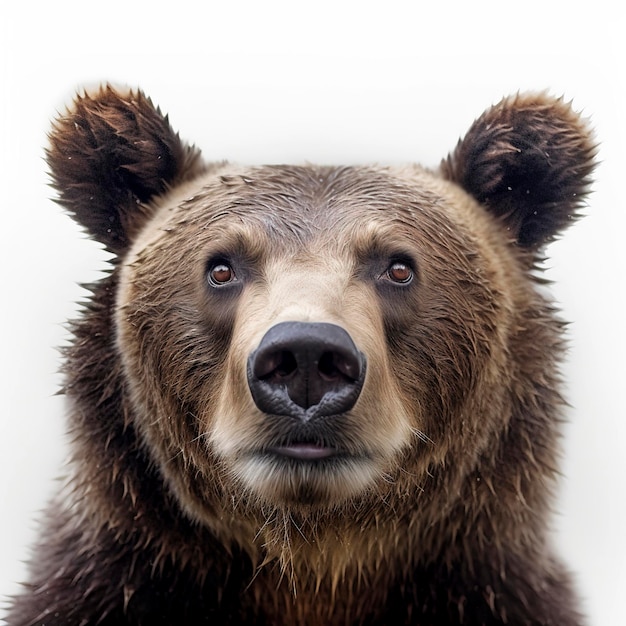 Closeup portrait of a wet bear on a white background An endangered species of wild animals