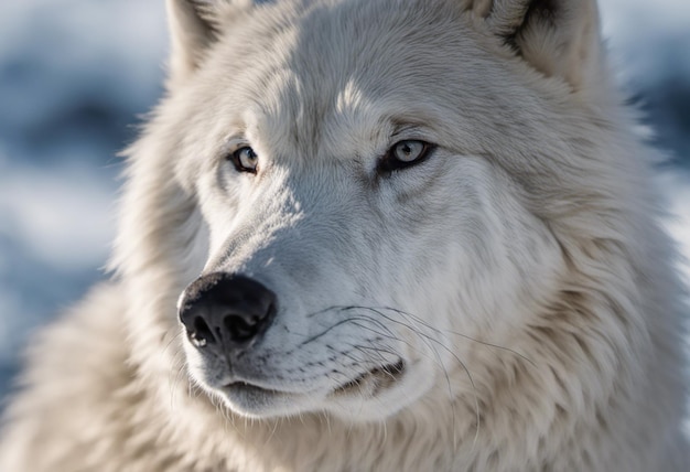 Closeup portrait of a white wolf in the winter forest