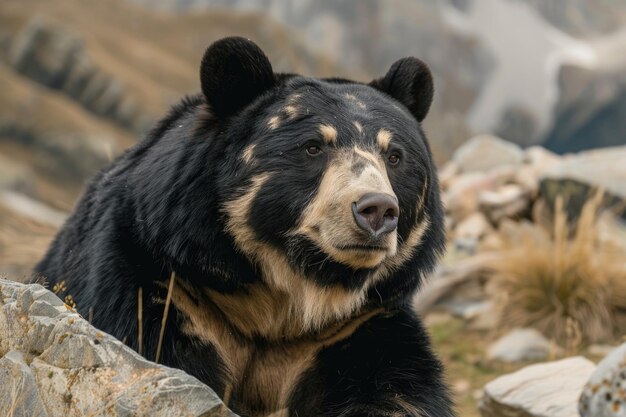 Closeup portrait of a whiteclawed Tian Shan bear in its natural habitat