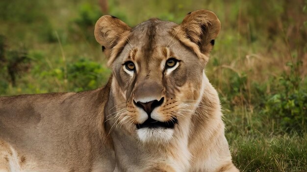 Closeup portrait of a wild lioness looking to the front