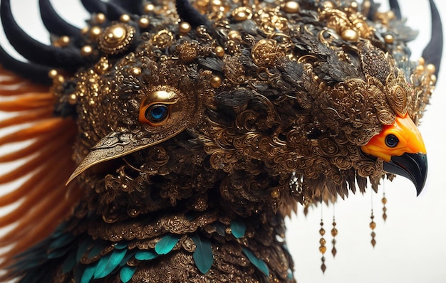 closeup portrait with a crown made of gold beautiful intricately detailed Japanese crow kitsune mask
