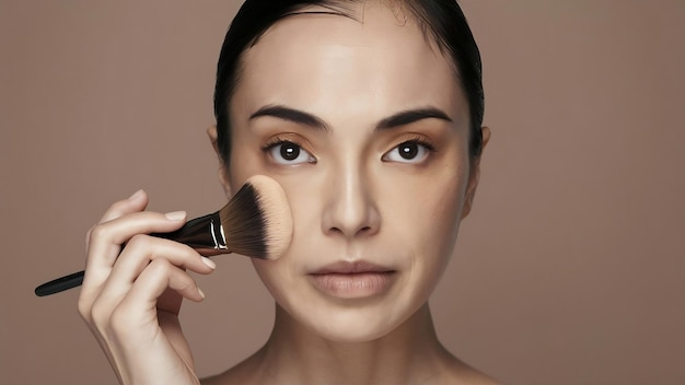 Closeup portrait of a woman applying dry cosmetic tonal foundation on the face using makeup brush