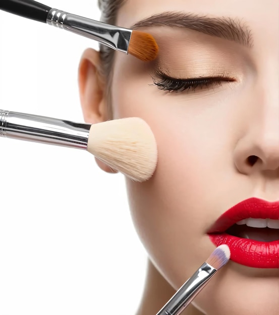 Photo closeup portrait of a woman applying dry cosmetic tonal foundation make up artist getting model