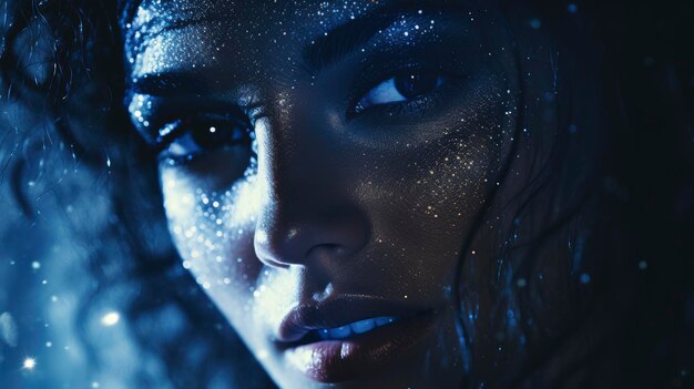 Closeup portrait of a woman in blue iridescent hues embracing dark romantic style with glitter and bokeh elements