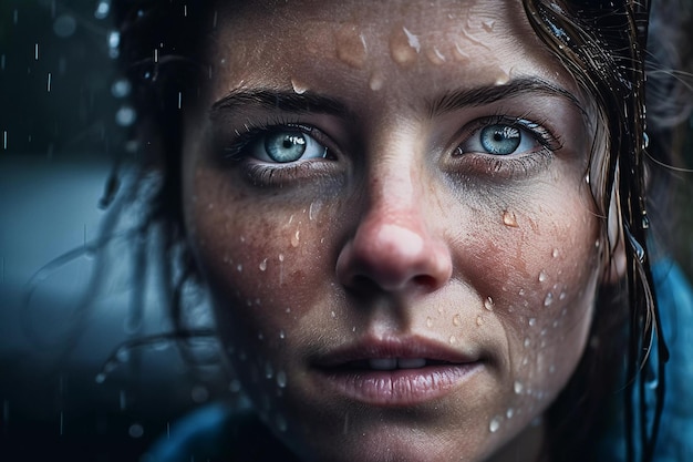 Крупный портрет женщины в дожде, пронзительный взгляд с каплями воды