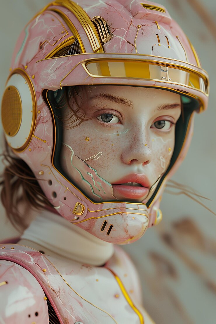 Photo a closeup portrait of a woman wearing a futuristic pink and gold helmet with a determined expression