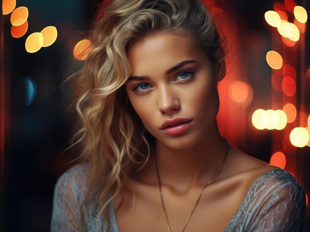 Closeup portrait of a woman with blonde curly hair and blue eyes bokeh lights in the background creating a warm atmosphere