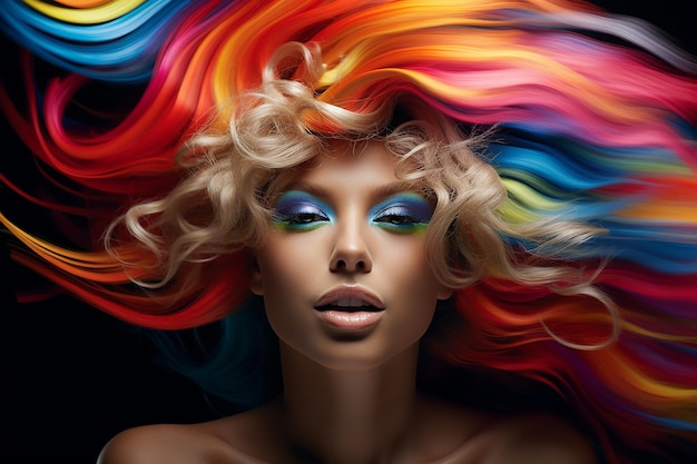 Foto ritratto in primo piano di una donna con capelli arcobaleno brillanti coloristica di parrucchiere