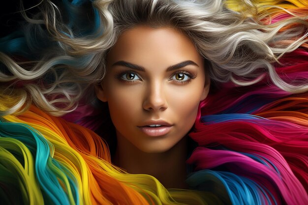 Foto ritratto in primo piano di una donna con capelli arcobaleno brillanti coloristica di parrucchiere