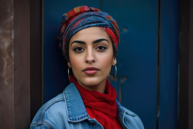 CloseUp Portrait of a Woman with a Colorful Headscarf and a Denim Jacket Against a Textured Wall