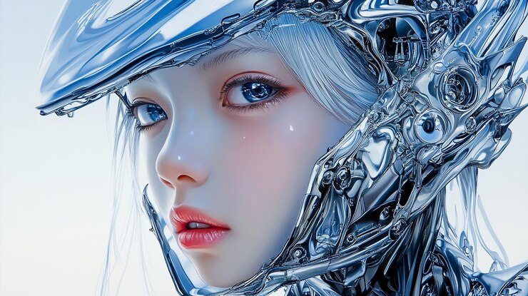 Photo 未来的なクロムヘルメットをかぶった女性のクローズアップ肖像画
