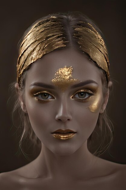 Closeup portrait of woman with golden makeup in the dark room