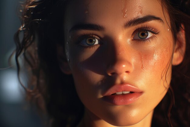 A closeup portrait of a young attractive woman gazing directly into the camera