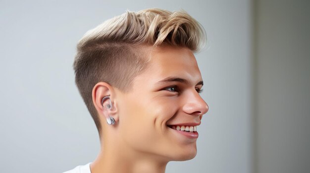 Closeup portrait of a young beautiful man who wears a hearing aid