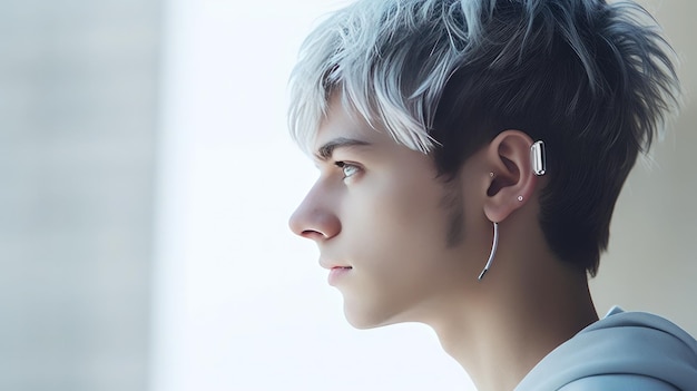 補聴器を身に着けている美しい若い男性のクローズアップ肖像画