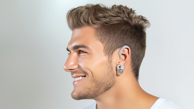 Closeup portrait of a young beautiful man who wears a hearing aid