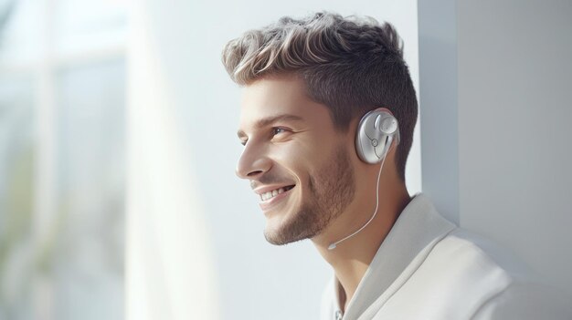 Closeup portrait of a young beautiful man who wears a hearing aid