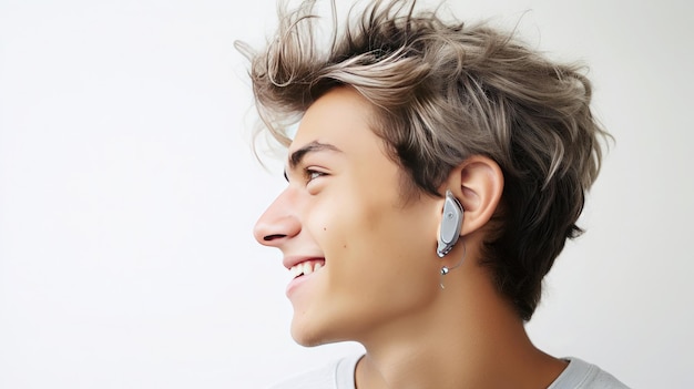 Closeup portrait of a young beautiful man who wears a hearing aid