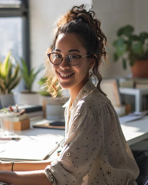 Photo closeup portrait of a young beautiful smiling woman with long hair sitting in a bright office with a