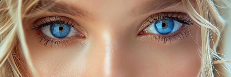 Photo closeup portrait of young beautiful womans blue eyes looking at camera macro face of gorgeous blonde caucasian female
