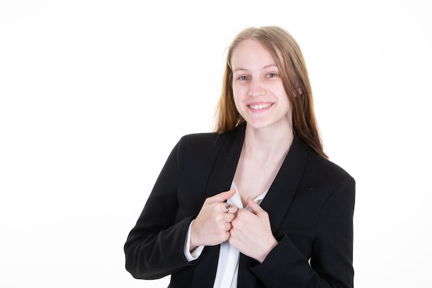 Closeup portrait of young business woman positive view big smile blonde beautiful model posing in studio over white background