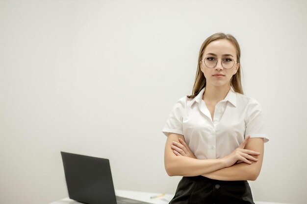 ビジネスタスクを行う準備ができている彼女の職場で若い自信を持って女性のオフィスマネージャーのクローズアップの肖像画