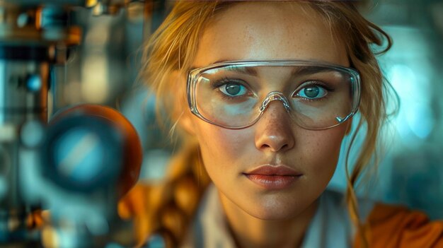 Closeup portrait of young female worker in hardhat looking at camera in factory
