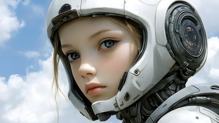 Photo 明るい空の背景に未来的なヘルメットをかぶった若い女の子のクローズアップ肖像画