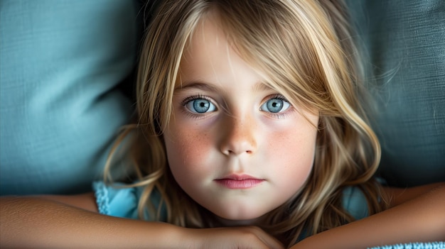 Closeup portrait of a young girl with big blue eyes resting on her arms