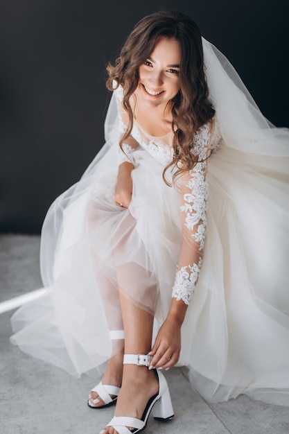 Closeup portrait of young gorgeous bride. Wedding. Studio shot.