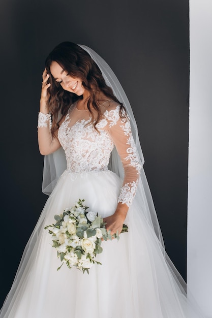 Closeup portrait of young gorgeous bride. Wedding. Studio shot.