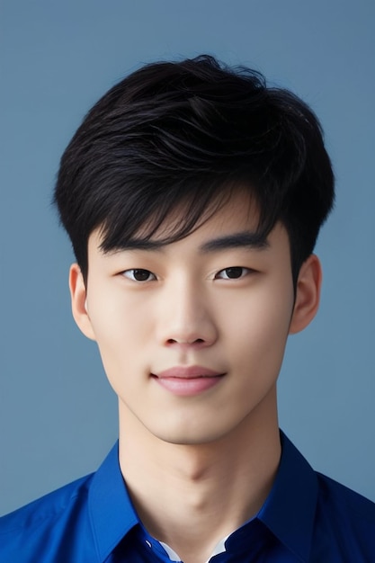Крупный портрет молодого красивого корейца в синей рубашке на сером фоне