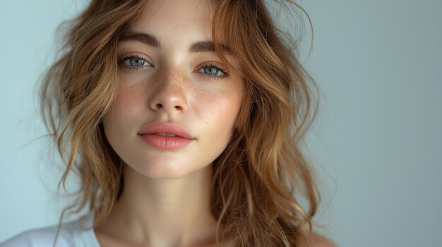 Photo closeup portrait of young happy woman looking in camera