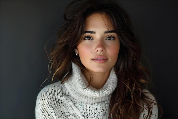 Photo closeup portrait of young hispanic woman in white sweater against dark background concept portrait photography young hispanic woman closeup shot white sweater dark background