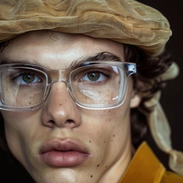 Photo closeup portrait of a young man with glasses and stylish beret
