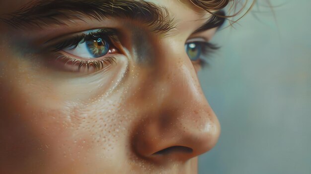 Photo closeup portrait of a young mans face he has light brown hair and blue eyes his skin is fair and he has a few freckles on his nose