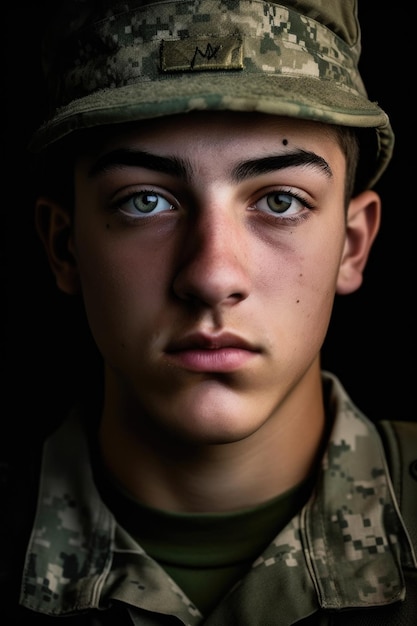 Closeup portrait of a young soldier in military uniform created with generative ai