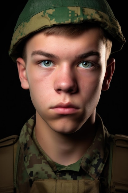 Closeup portrait of a young soldier in military uniform created with generative ai